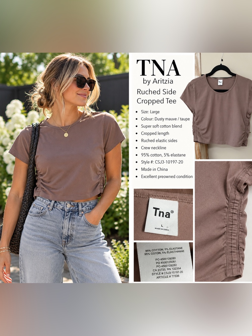 TNA Dusty Mauve/Taupe Ruched Side Crop Tee